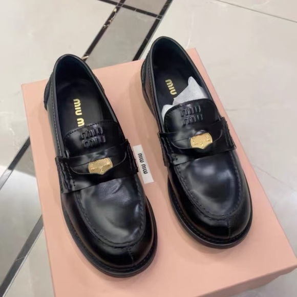 Miu Miu Black Leather Women's Heels with Gold Accent - Picture 1 of 3